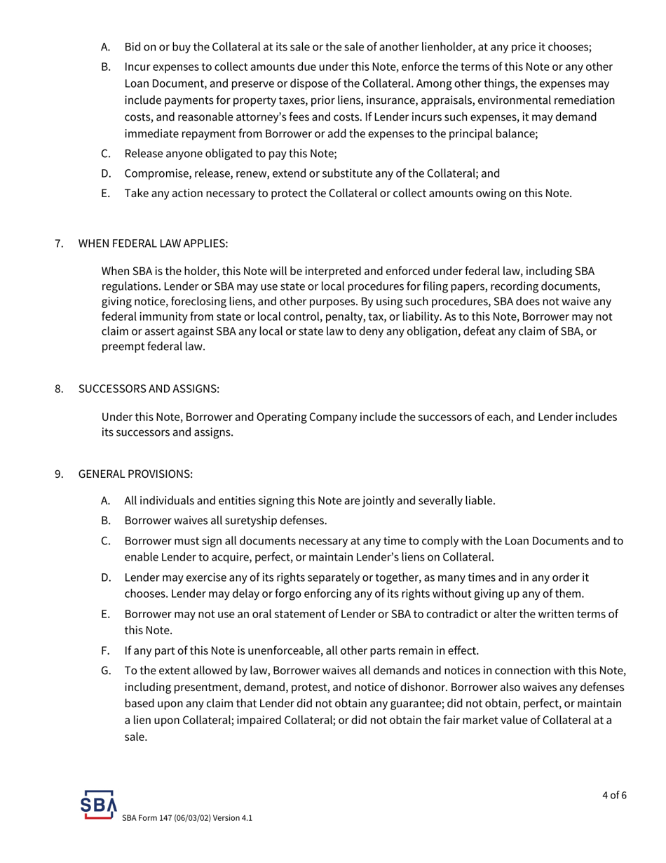 SBA Form 147 SBA Standard Loan Note, Page 4