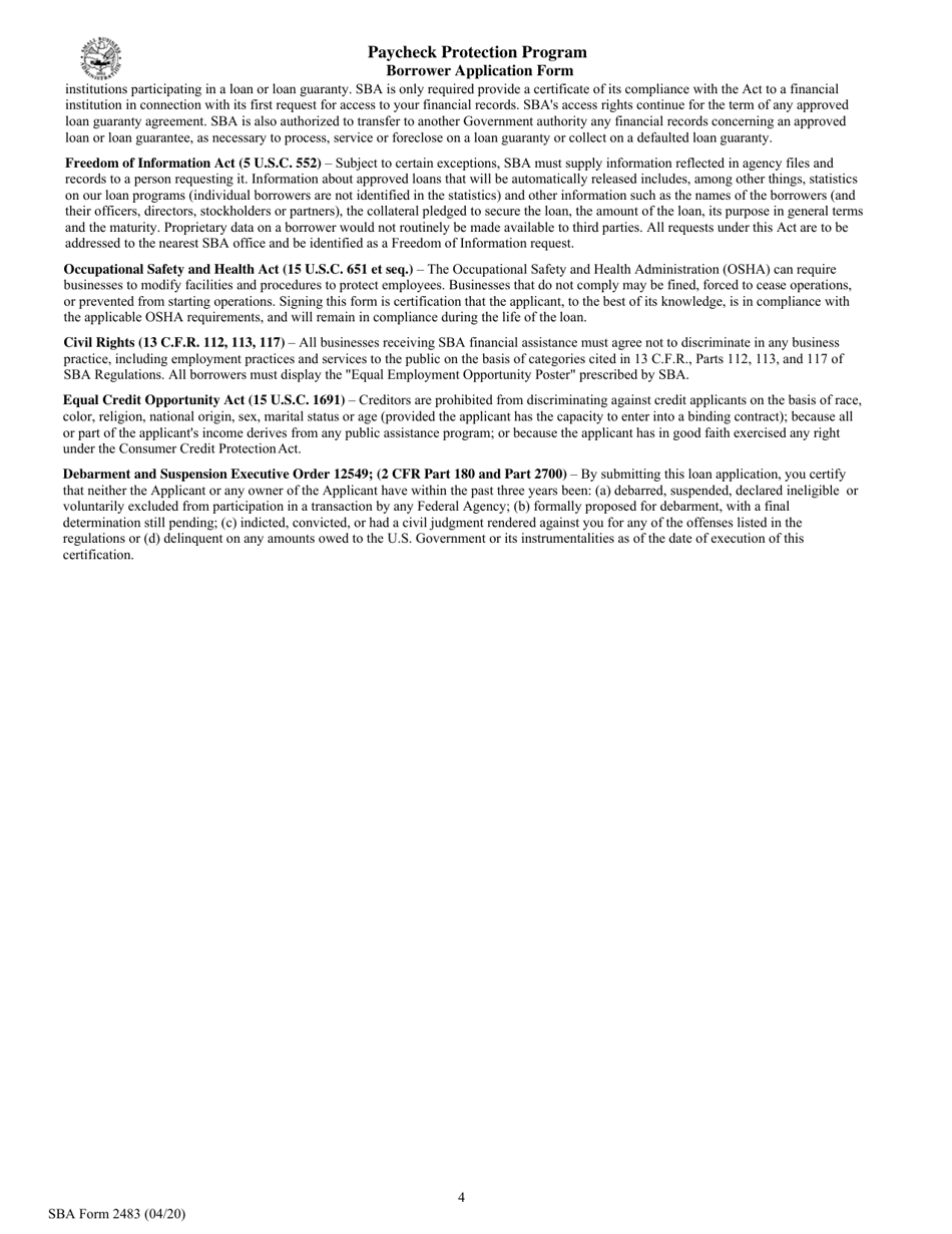 SBA Form 2483 Paycheck Protection Program Borrower Application Form, Page 4