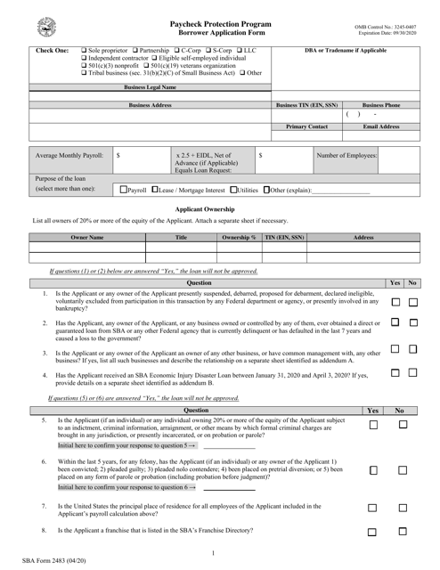 SBA Form 2483  Printable Pdf