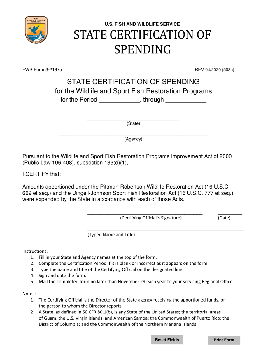 FWS Form 3-2197A State Certification of Spending, Page 1