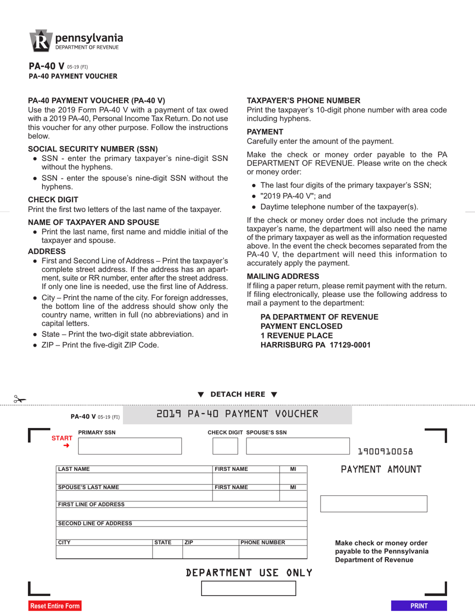 Form PA-40V Payment Voucher - Pennsylvania, Page 1