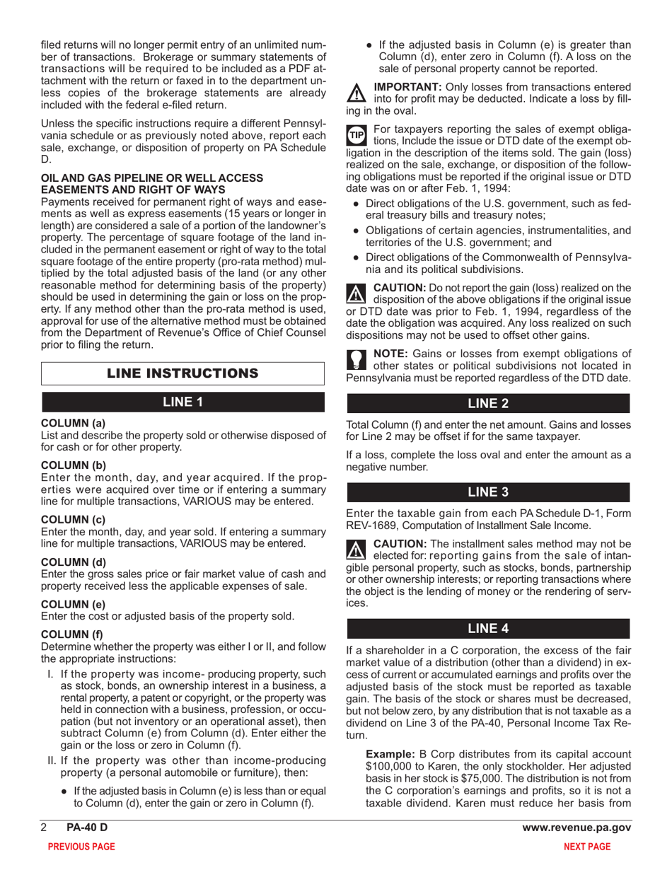 Form PA-40 Schedule D Sale, Exchange or Disposition of Property - Pennsylvania, Page 4