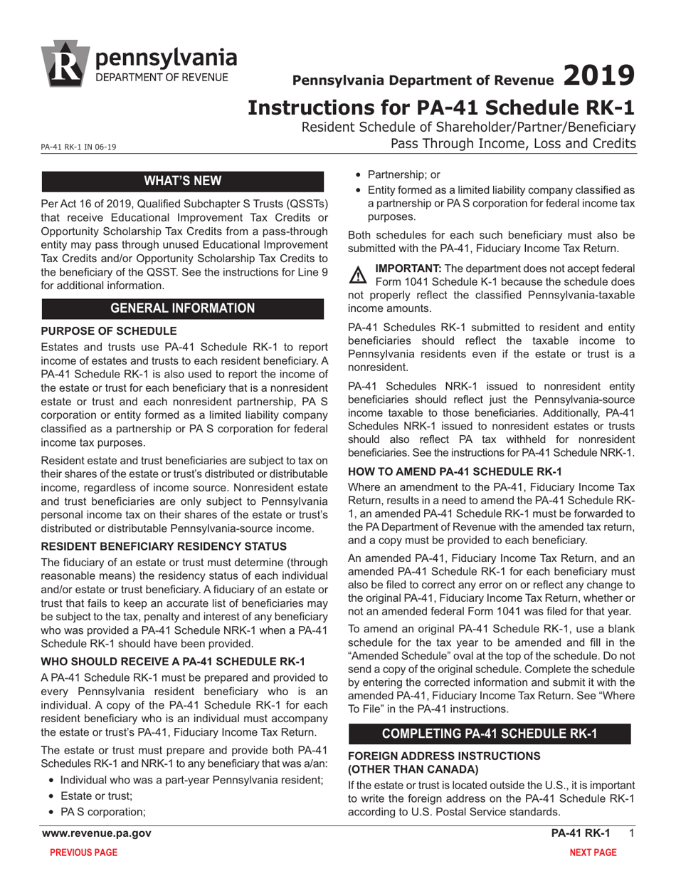 Form PA-41 Schedule RK-1 Resident Schedule of Shareholder / Partner / Beneficiary Pass Through Income, Loss and Credits - Pennsylvania, Page 3