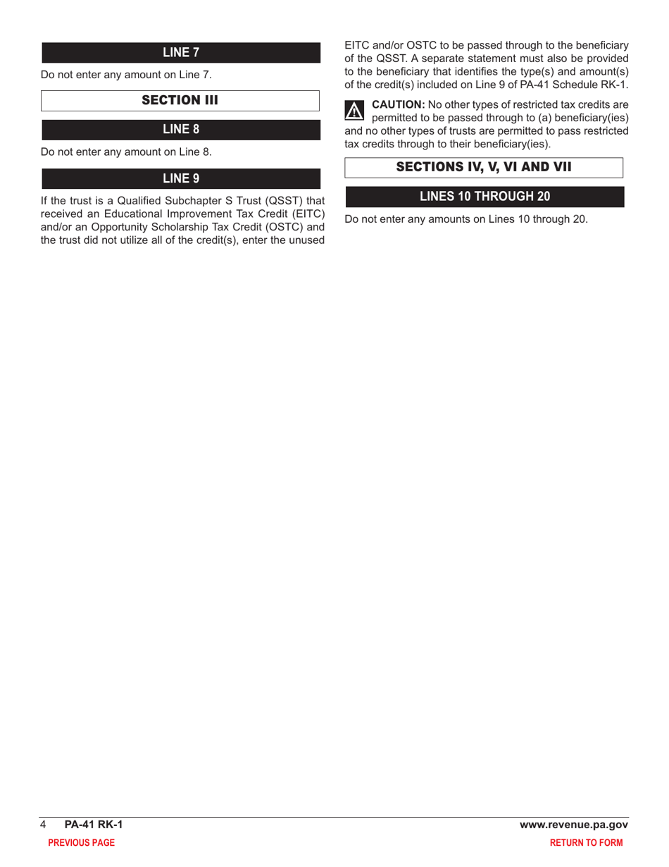Form PA-41 Schedule RK-1 Resident Schedule of Shareholder / Partner / Beneficiary Pass Through Income, Loss and Credits - Pennsylvania, Page 6