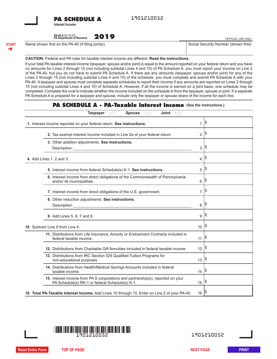 Form PA-40 Schedule A - 2019 - Fill Out, Sign Online and Download ...