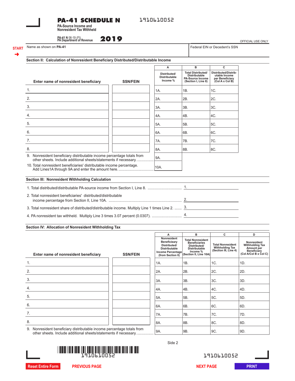 Form PA-41 Schedule N Pa-Source Income and Nonresident Tax Withheld - Pennsylvania, Page 2