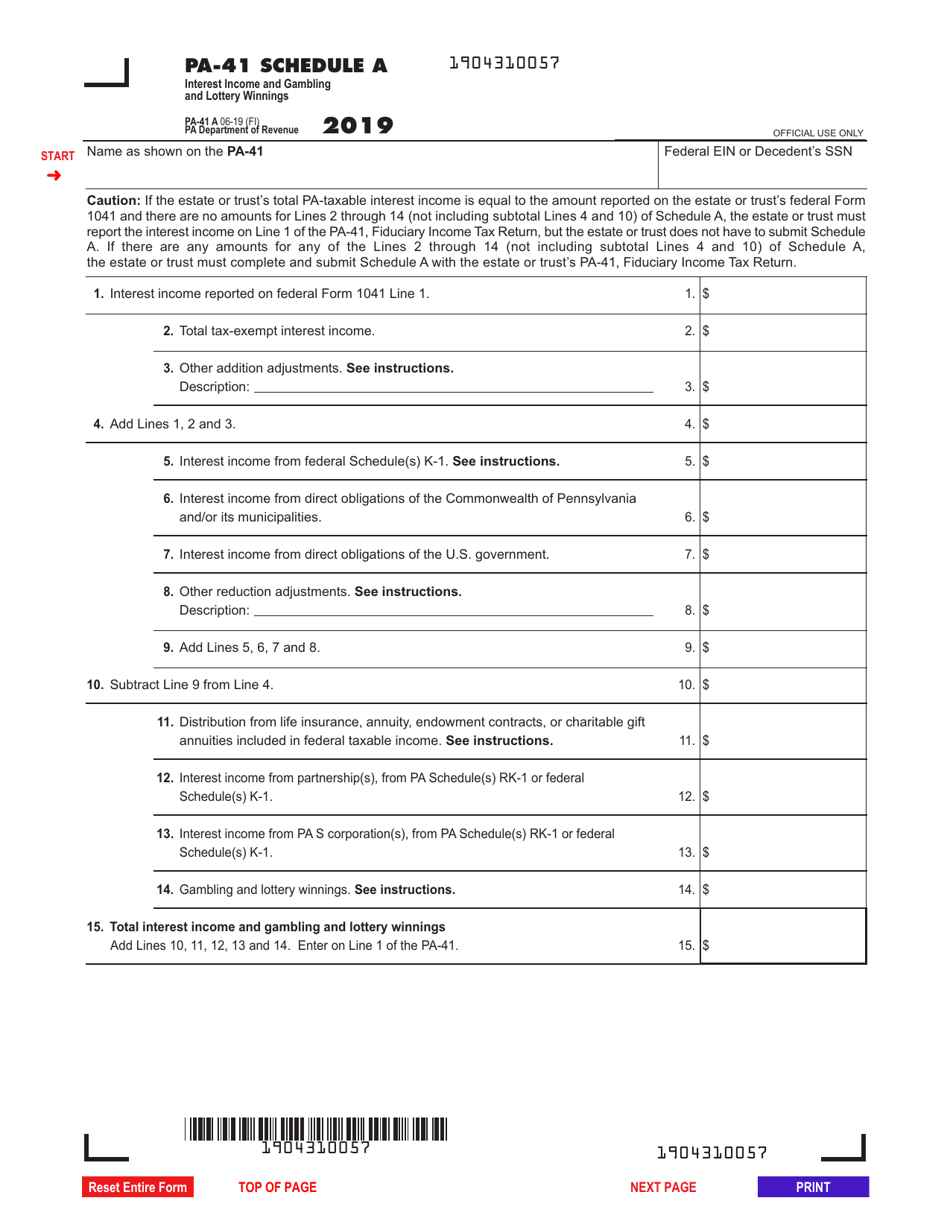 Form PA41 Schedule A Download Fillable PDF or Fill Online Interest