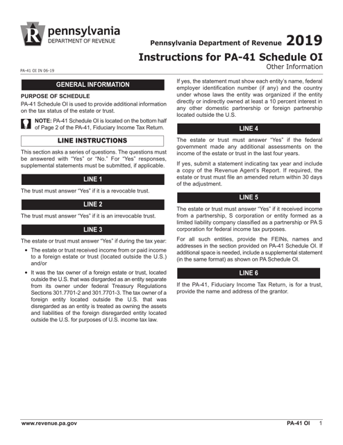 Form PA-41 Schedule OI 2019 Printable Pdf