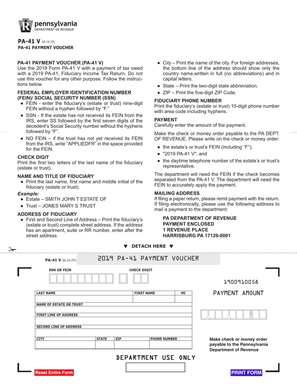 Form PA-41 V Payment Voucher - Pennsylvania, Page 1