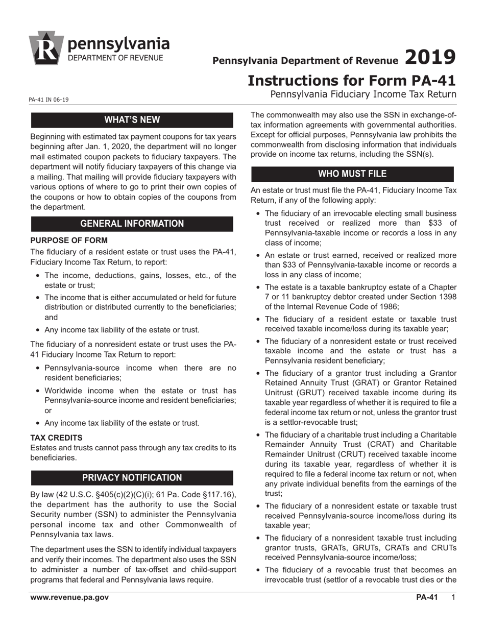 Form PA-41 Pa Fiduciary Income Tax Return - Pennsylvania, Page 3