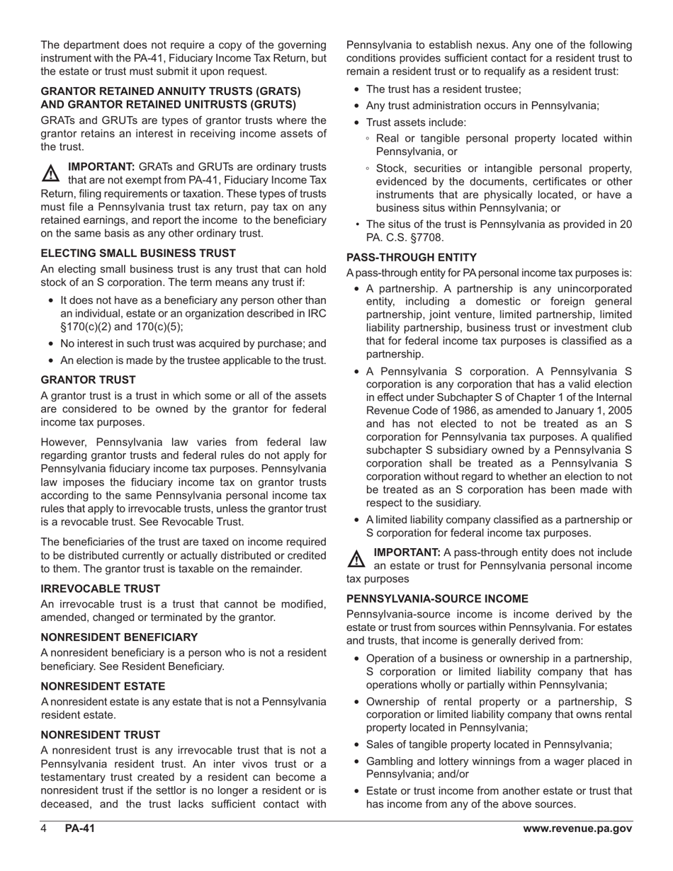Form PA-41 Pa Fiduciary Income Tax Return - Pennsylvania, Page 6