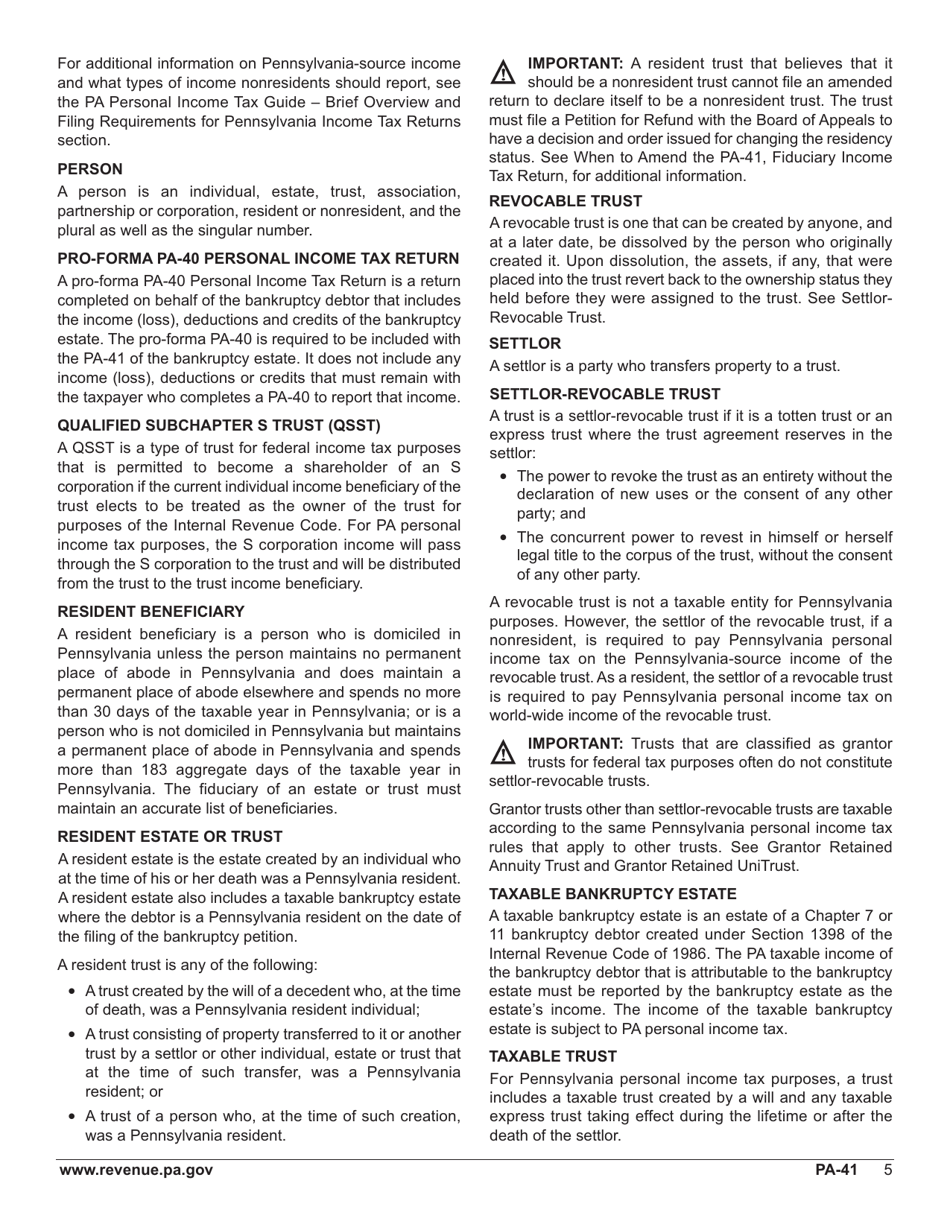 Form PA-41 Pa Fiduciary Income Tax Return - Pennsylvania, Page 7