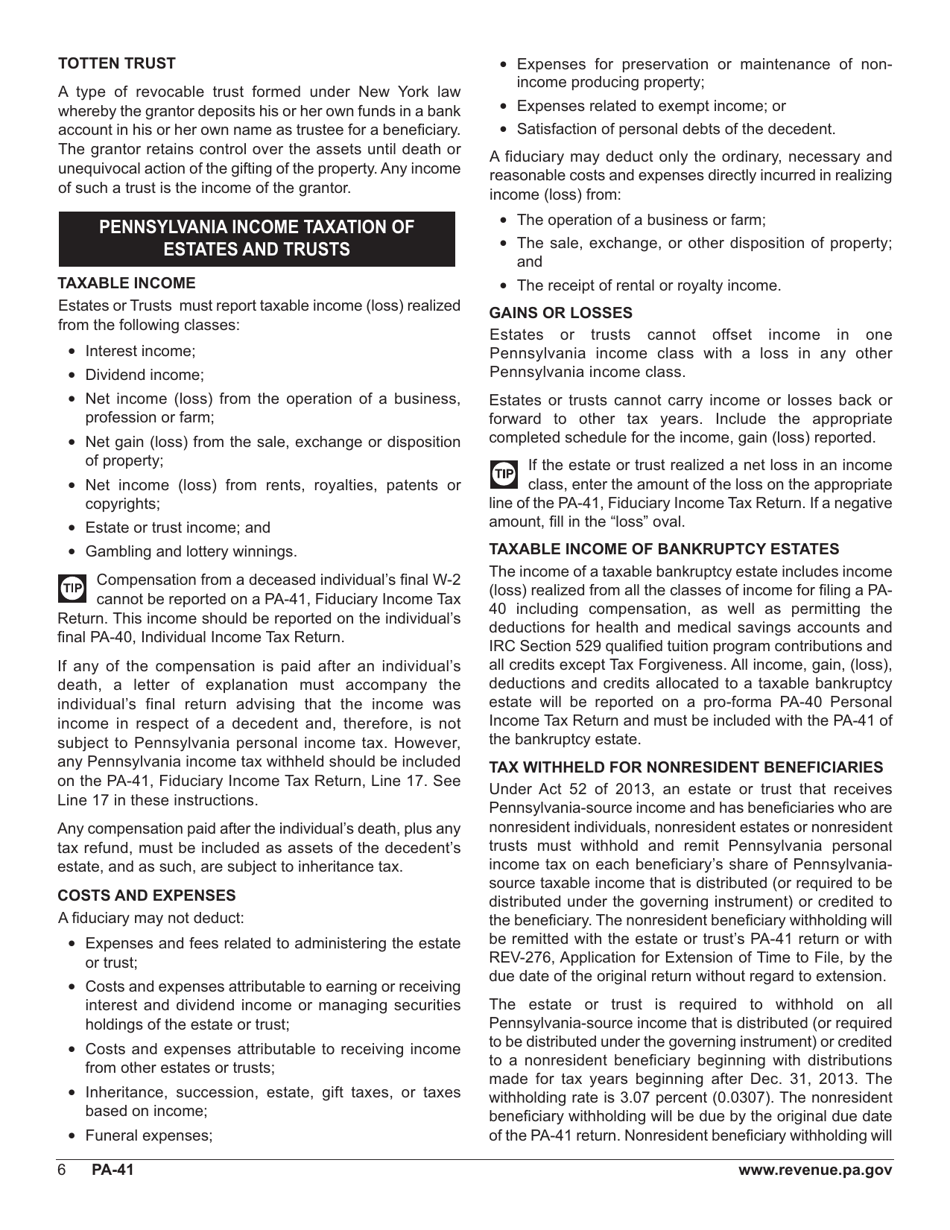 Form PA-41 Pa Fiduciary Income Tax Return - Pennsylvania, Page 8