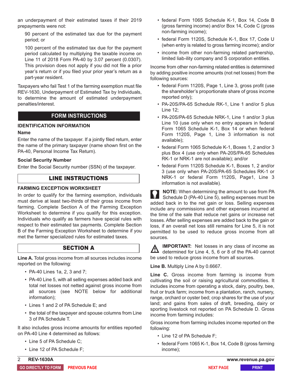 Form REV-1630A Underpayment of Estimated Tax by Individual Farmers - Pennsylvania, Page 3