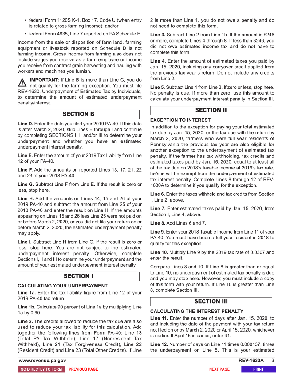 Form REV-1630A Underpayment of Estimated Tax by Individual Farmers - Pennsylvania, Page 4