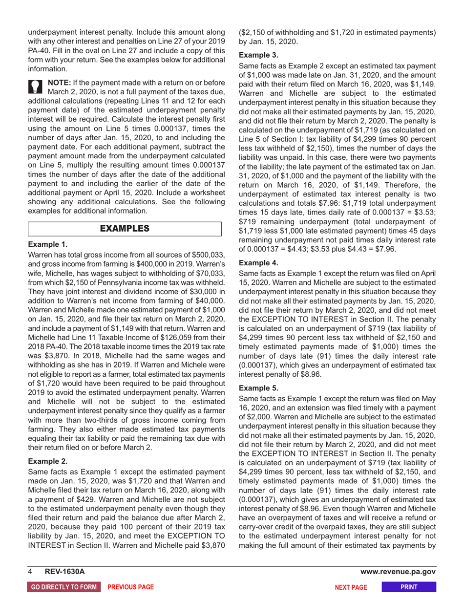 Form REV-1630A Underpayment of Estimated Tax by Individual Farmers - Pennsylvania, Page 5
