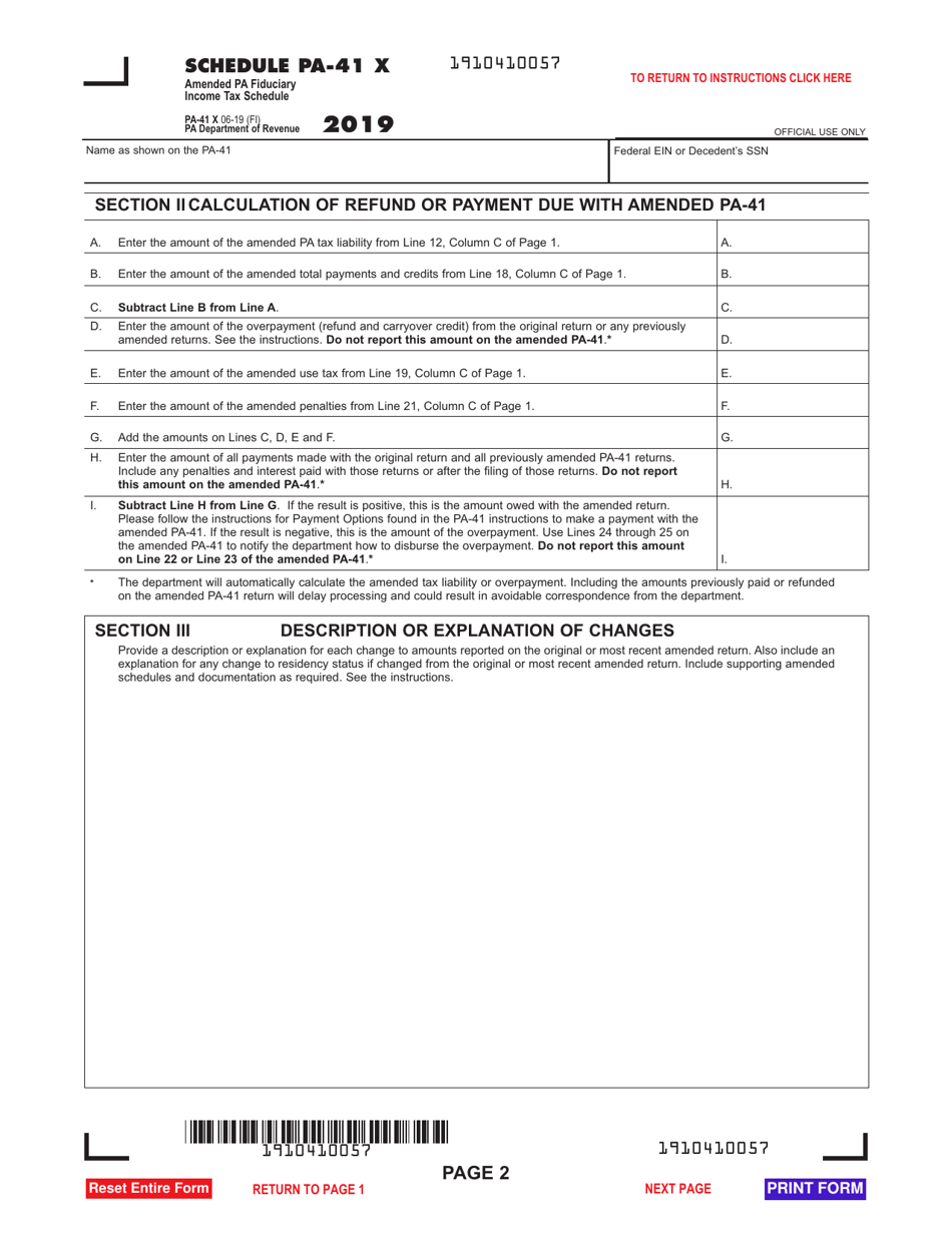 Schedule PA-41 X Amended Pa Fiduciary Income Tax Schedule - Pennsylvania, Page 2