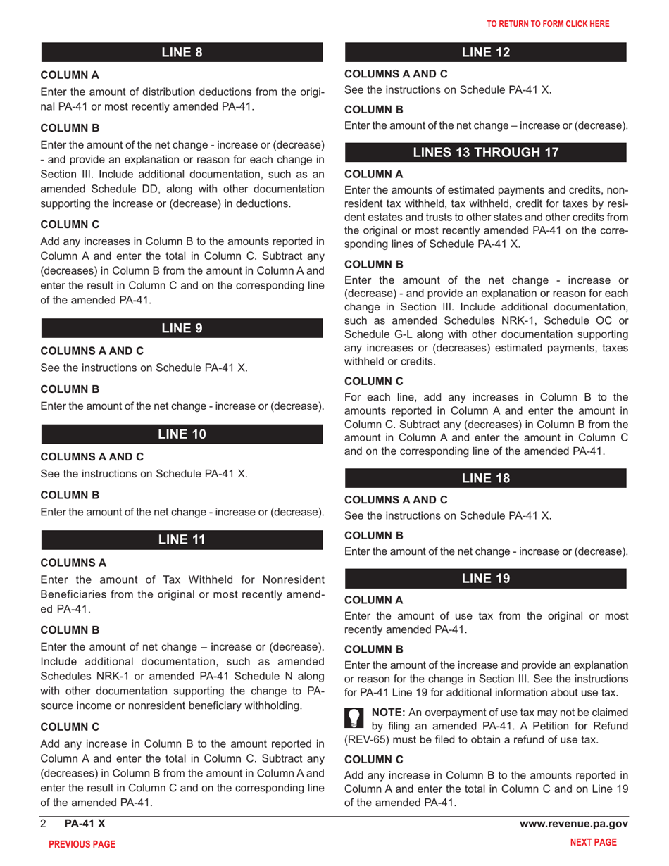 Schedule PA-41 X Amended Pa Fiduciary Income Tax Schedule - Pennsylvania, Page 4