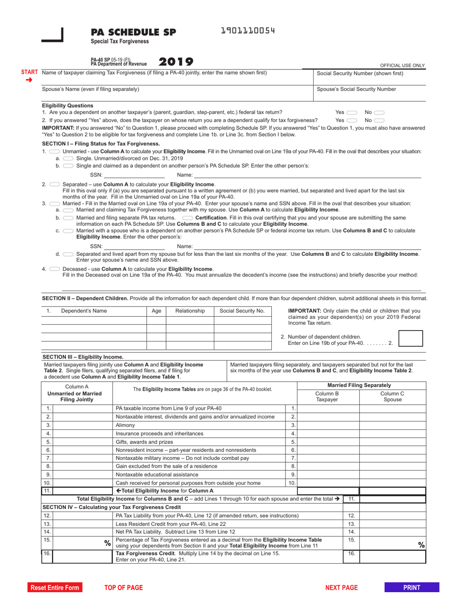 Form PA-40 Schedule SP Special Tax Forgiveness - Pennsylvania, Page 1