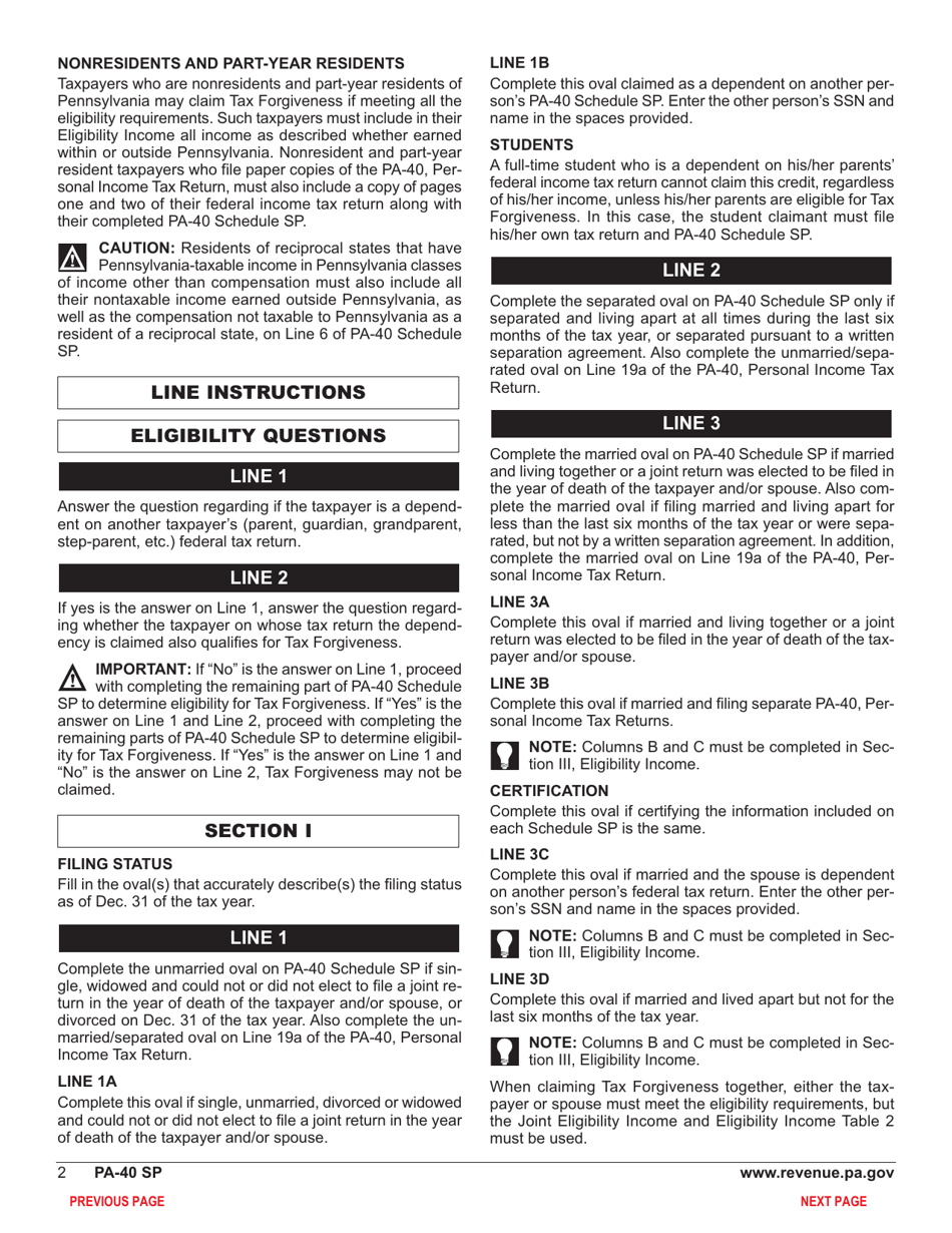 Form PA-40 Schedule SP Special Tax Forgiveness - Pennsylvania, Page 4