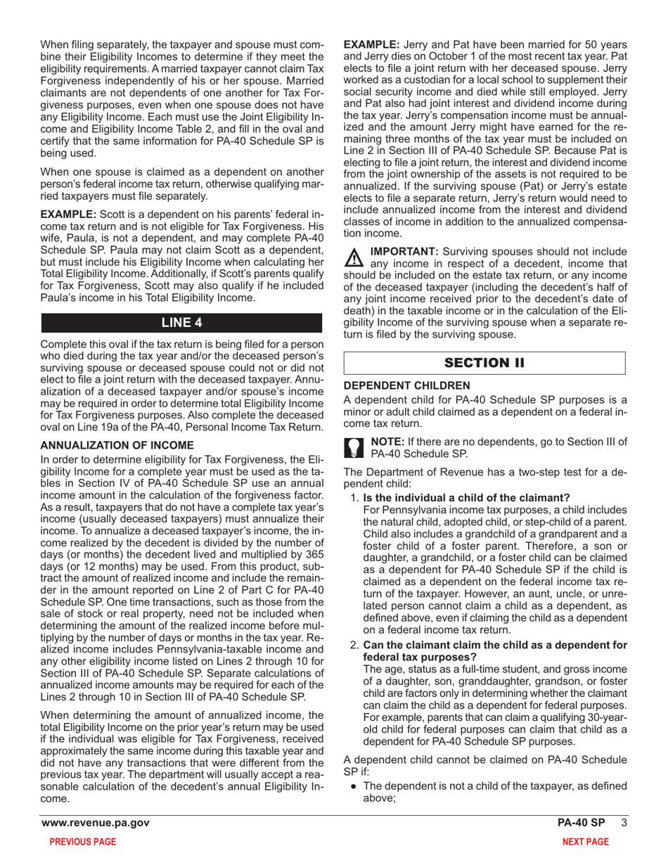 Form PA-40 Schedule SP Special Tax Forgiveness - Pennsylvania, Page 5