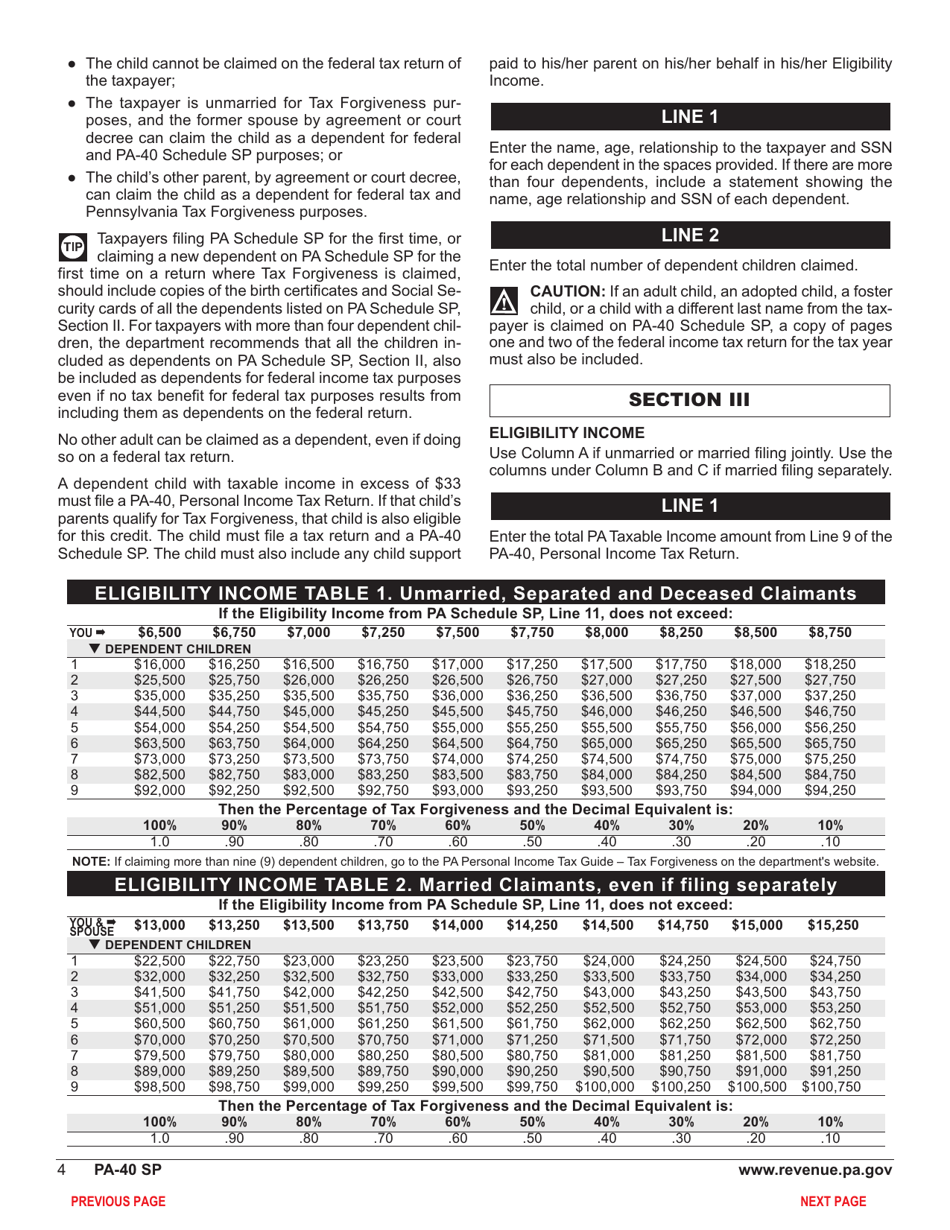 Form PA-40 Schedule SP Special Tax Forgiveness - Pennsylvania, Page 6