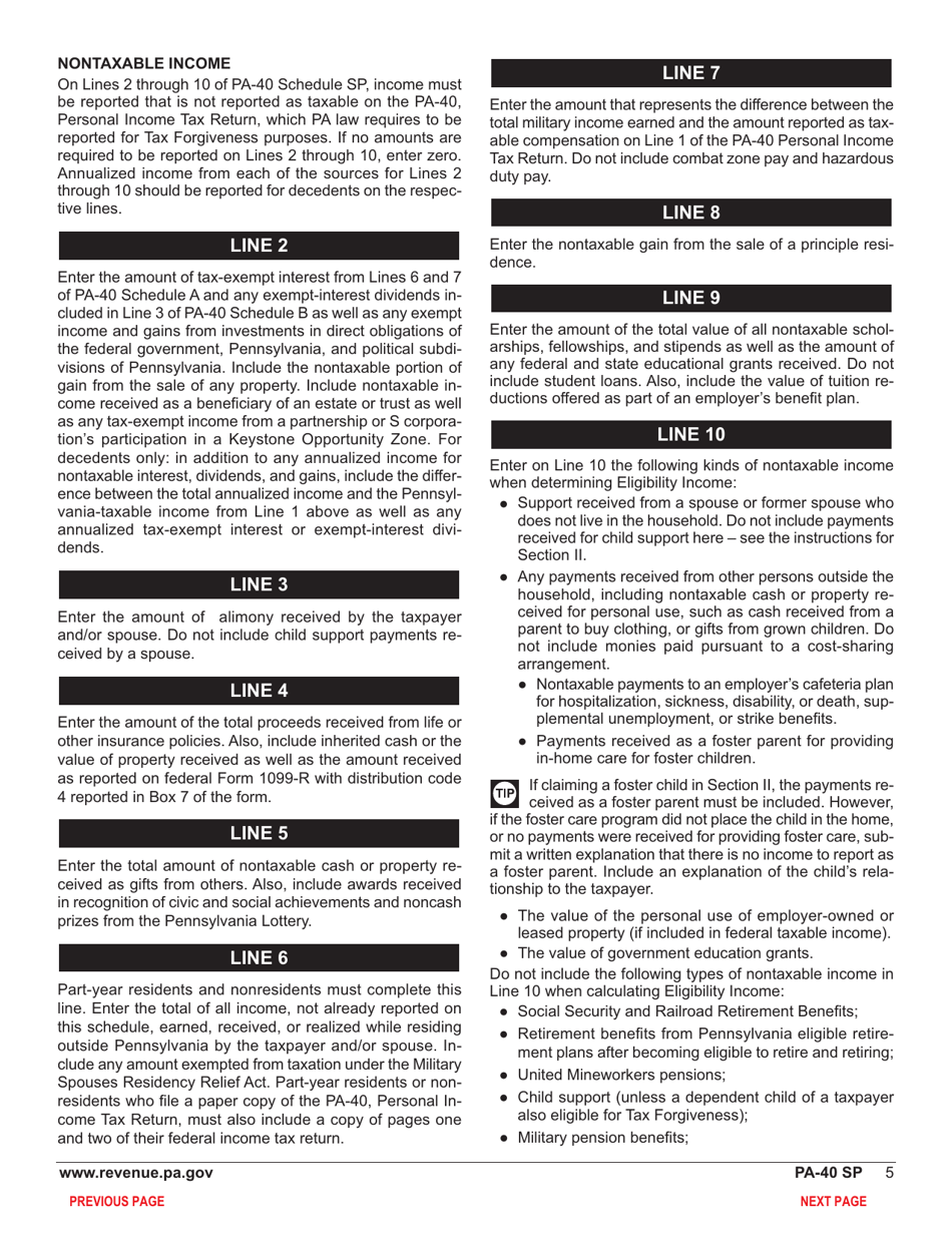 Form PA-40 Schedule SP Special Tax Forgiveness - Pennsylvania, Page 7