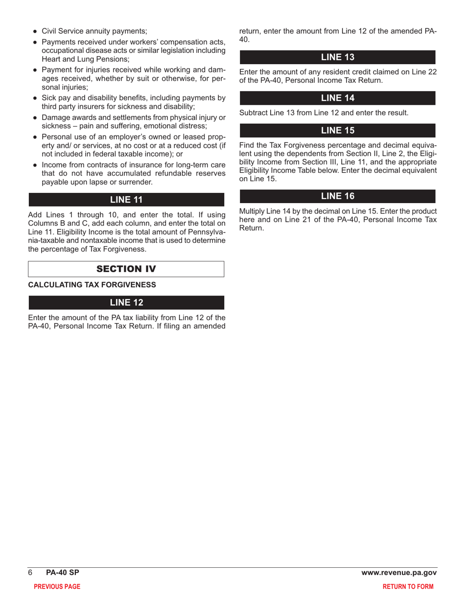 Form PA-40 Schedule SP Special Tax Forgiveness - Pennsylvania, Page 8