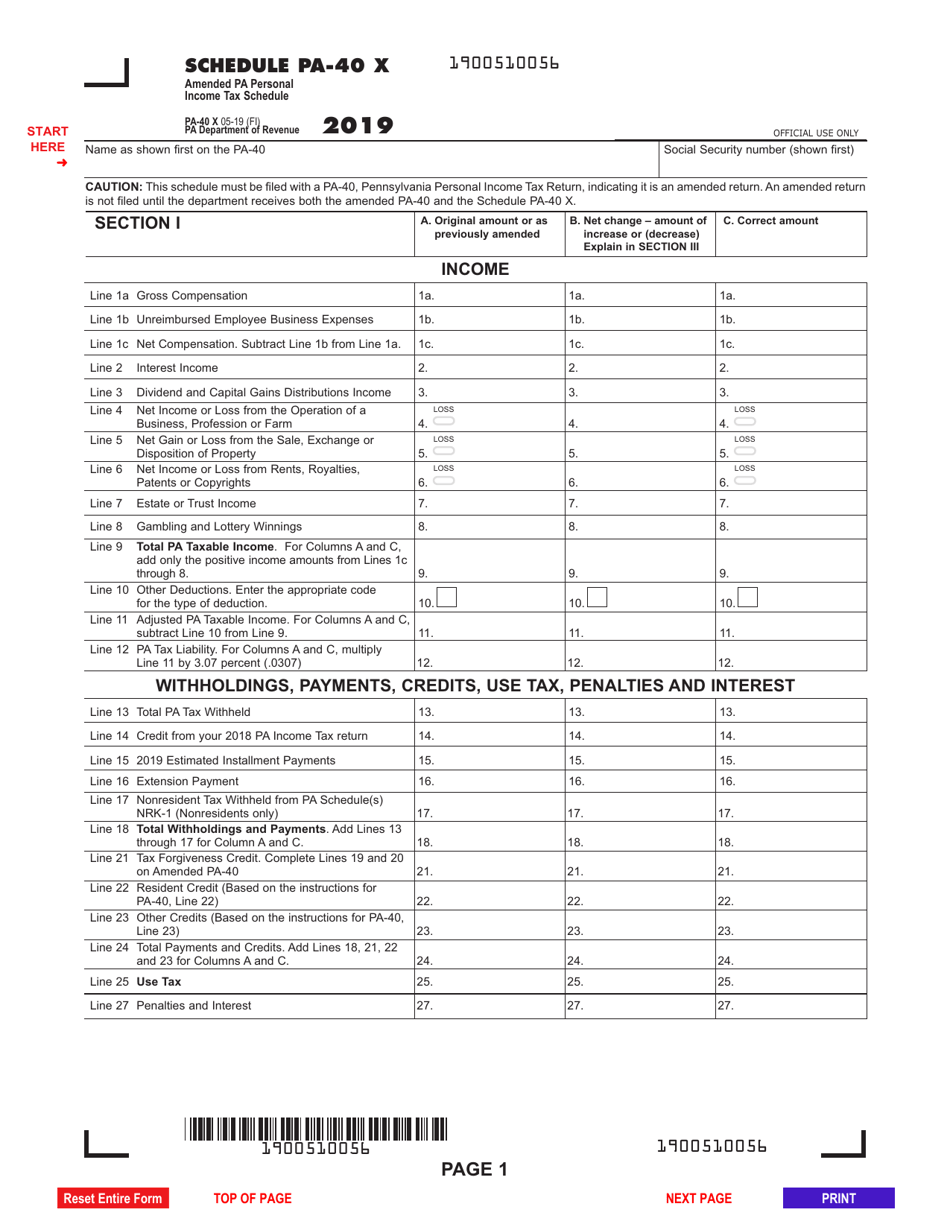 Schedule PA-40 X Amended Pa Personal Income Tax Schedule - Pennsylvania, Page 1