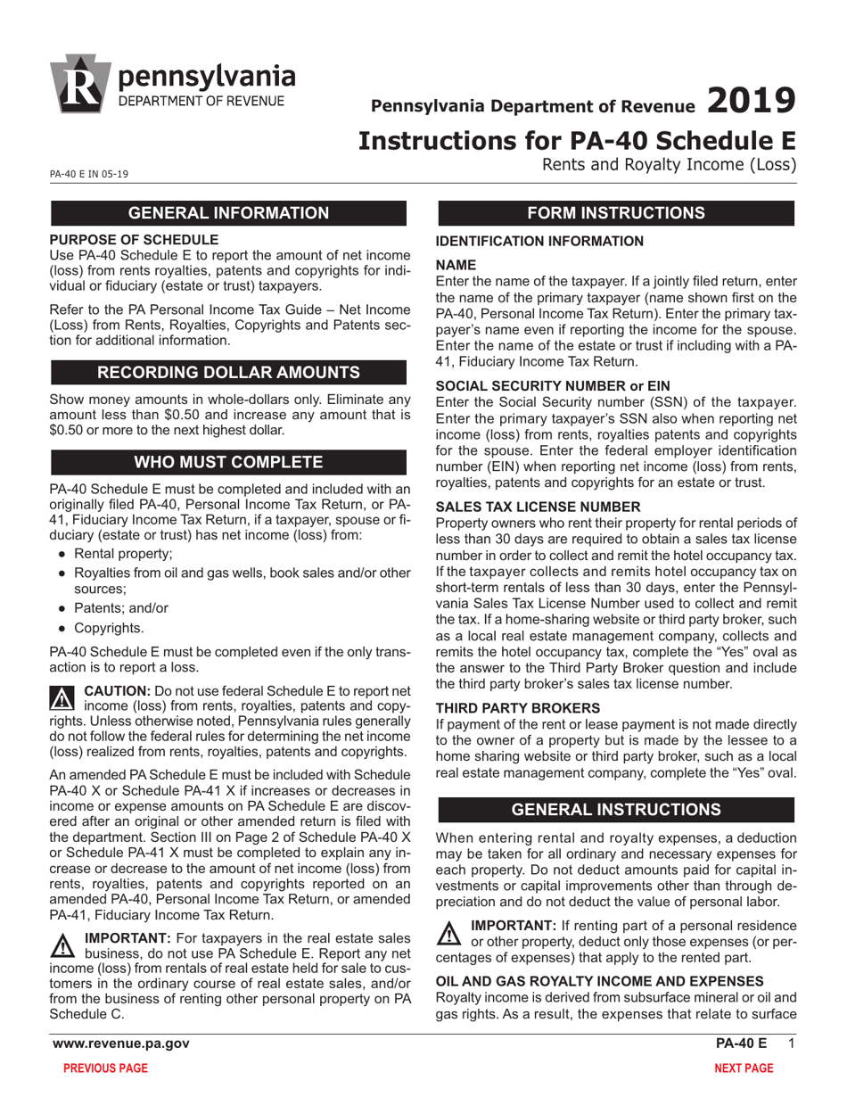 Form PA-40 Schedule E Rents and Royalty Income (Loss) - Pennsylvania, Page 3