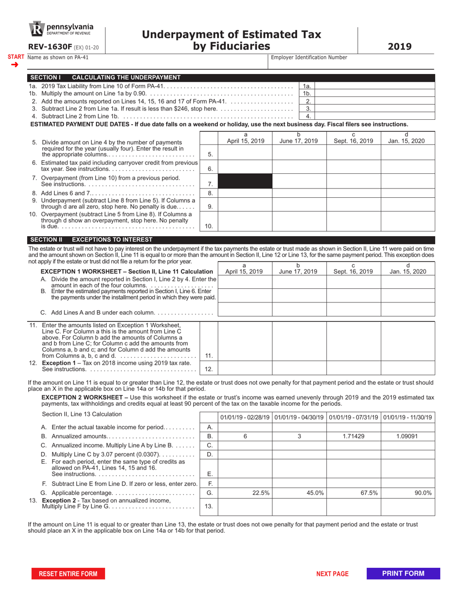 Form REV-1630F Underpayment of Estimated Tax by Fiduciaries - Pennsylvania, Page 1