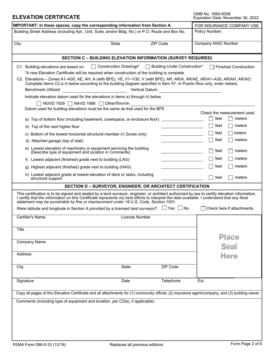 FEMA Form 086033 Download Fillable PDF or Fill Online Elevation