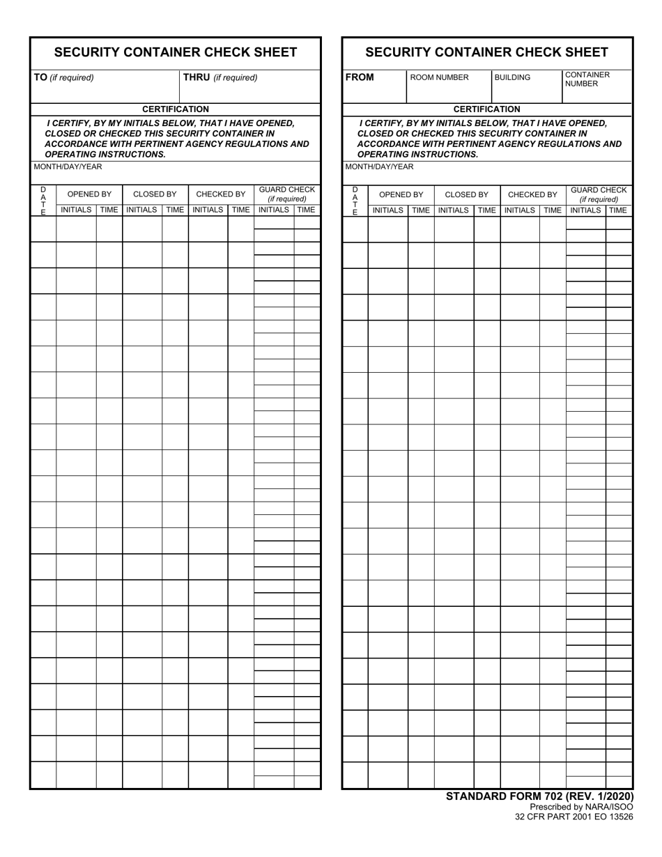 Form SF-702 Security Container Check Sheet, Page 1