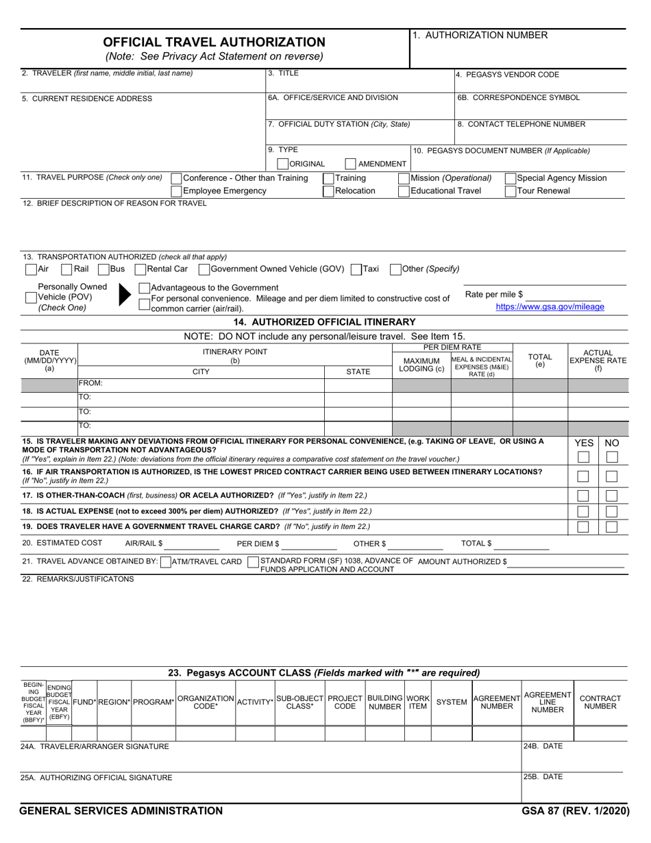 GSA Form 87 Official Travel Authorization, Page 1