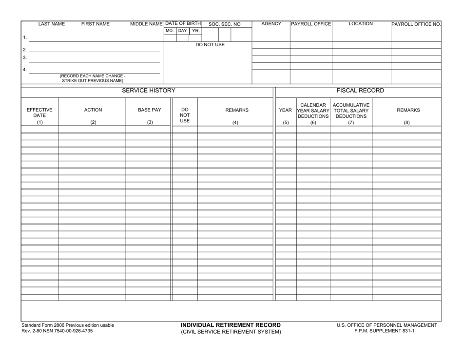 Form SF-2806 Individual Retirement Record, Page 1