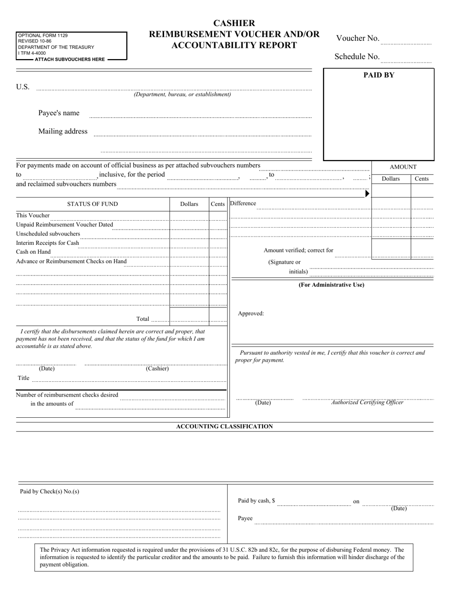 Form OF1129 Cashier Reimbursement Voucher and / or Accountability Report, Page 1