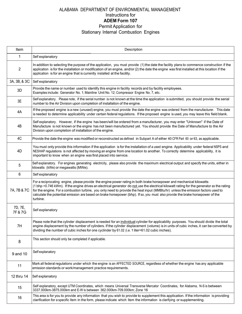 ADEM Form 107 Permit Application for Stationary Internal Combustion Engines - Alabama, Page 1
