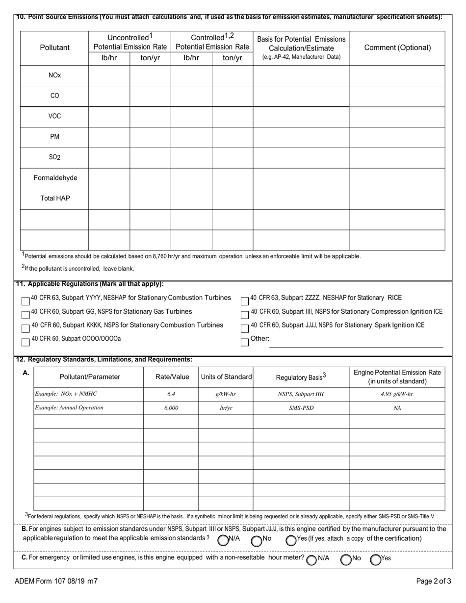 ADEM Form 107 Permit Application for Stationary Internal Combustion Engines - Alabama, Page 3