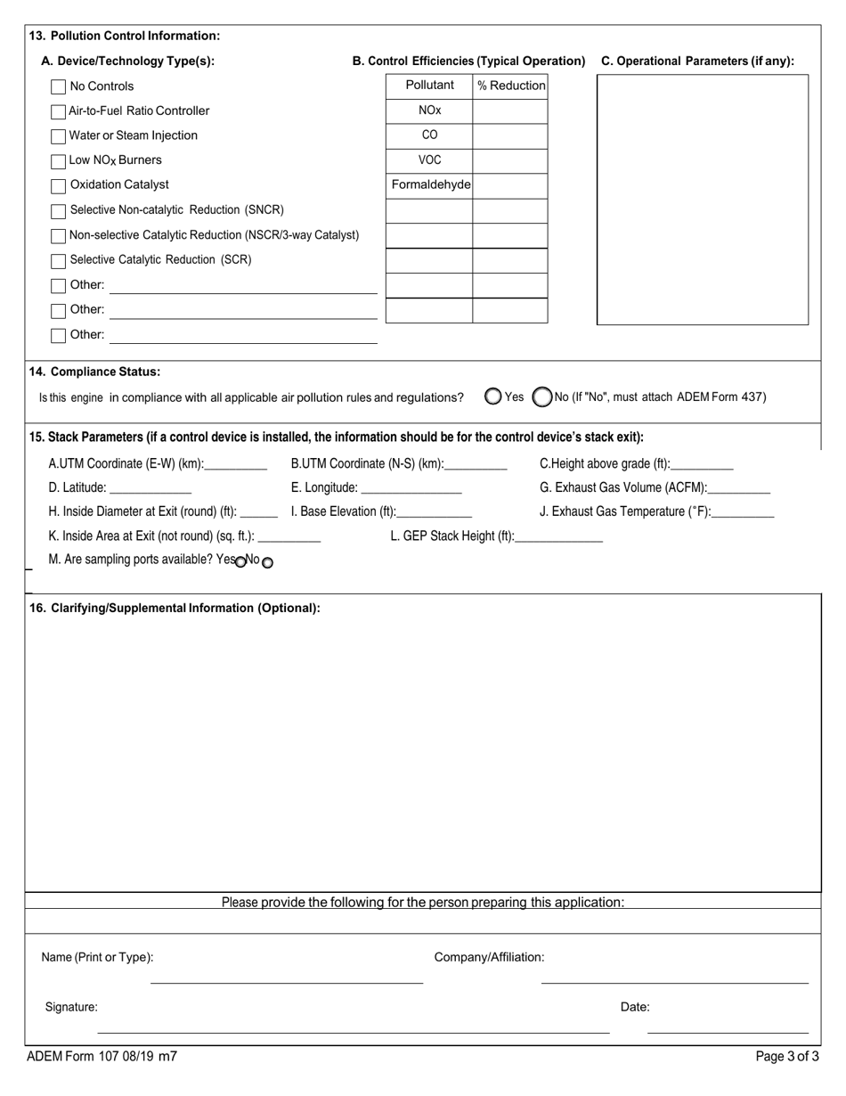ADEM Form 107 Permit Application for Stationary Internal Combustion Engines - Alabama, Page 4