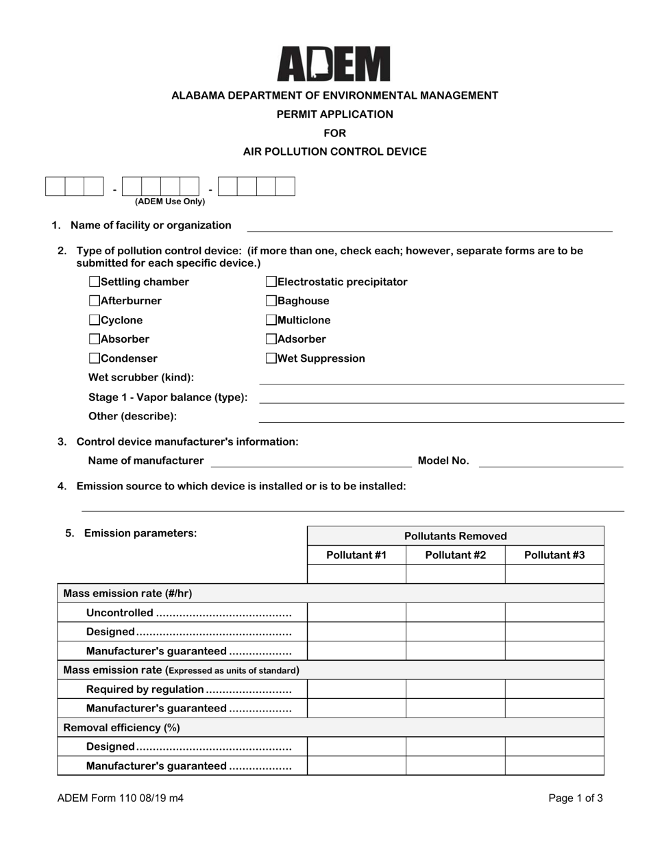 ADEM Form 110 Permit Application for Air Pollution Control Device - Alabama, Page 3