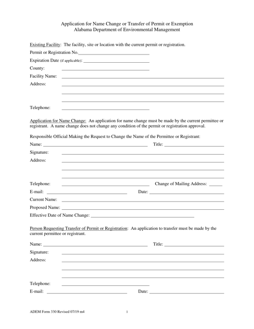 ADEM Form 330 Application for Name Change or Transfer of Permit or Exemption - Alabama