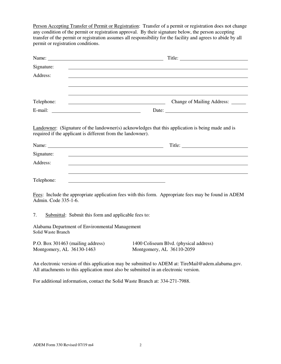 ADEM Form 330 Application for Name Change or Transfer of Permit or Exemption - Alabama, Page 2