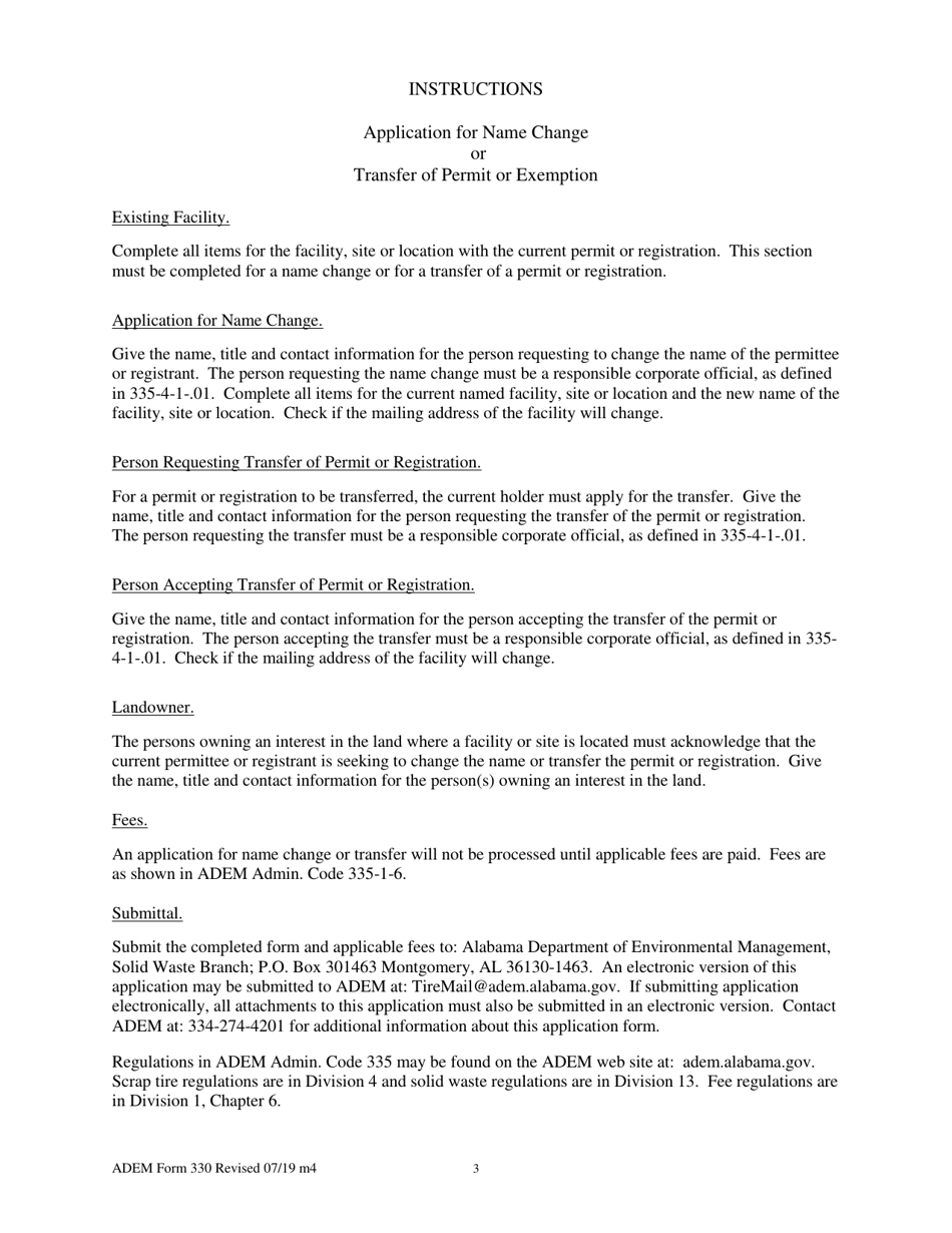 ADEM Form 330 Application for Name Change or Transfer of Permit or Exemption - Alabama, Page 3