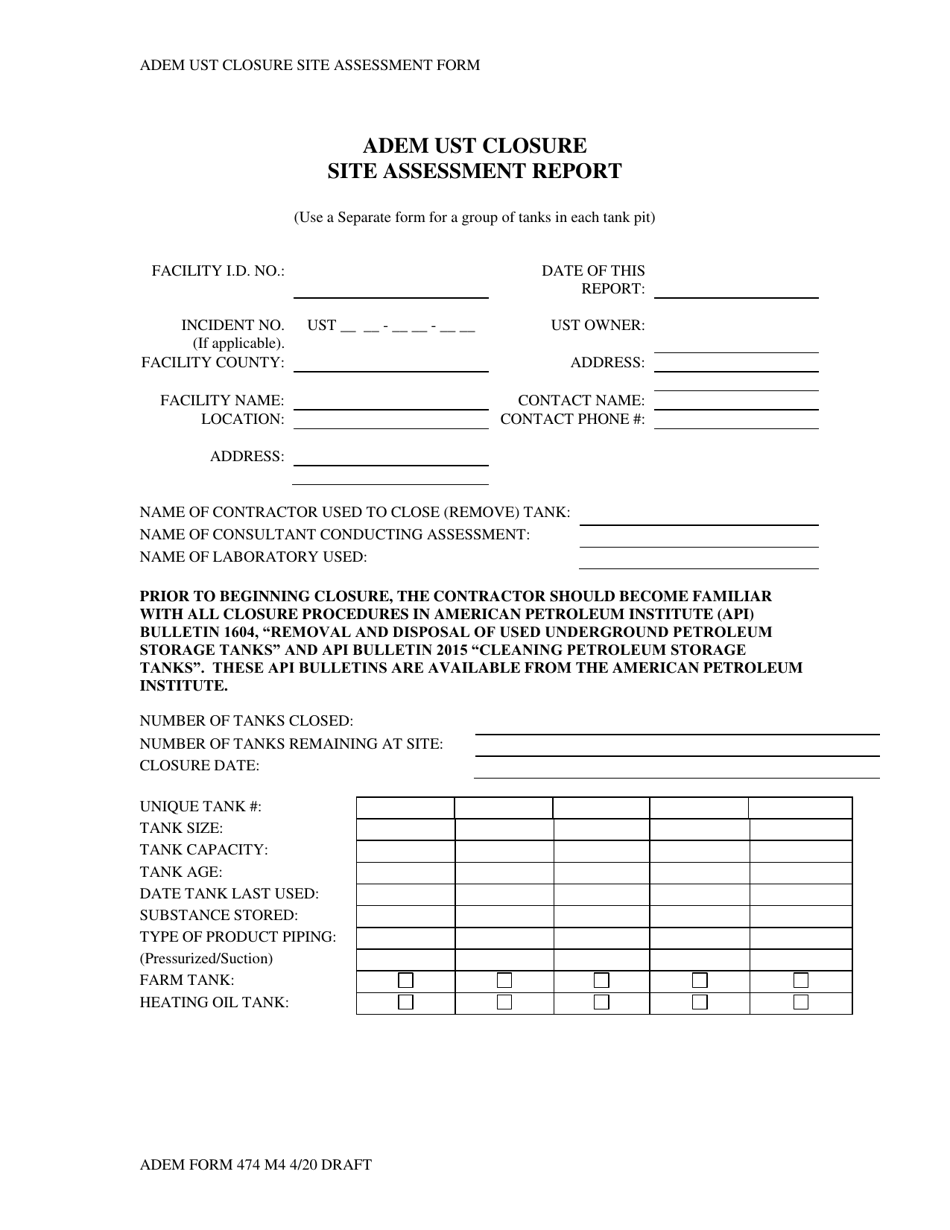 ADEM Form 474 ADEM Ust Closure Site Assessment Report - Alabama, Page 1