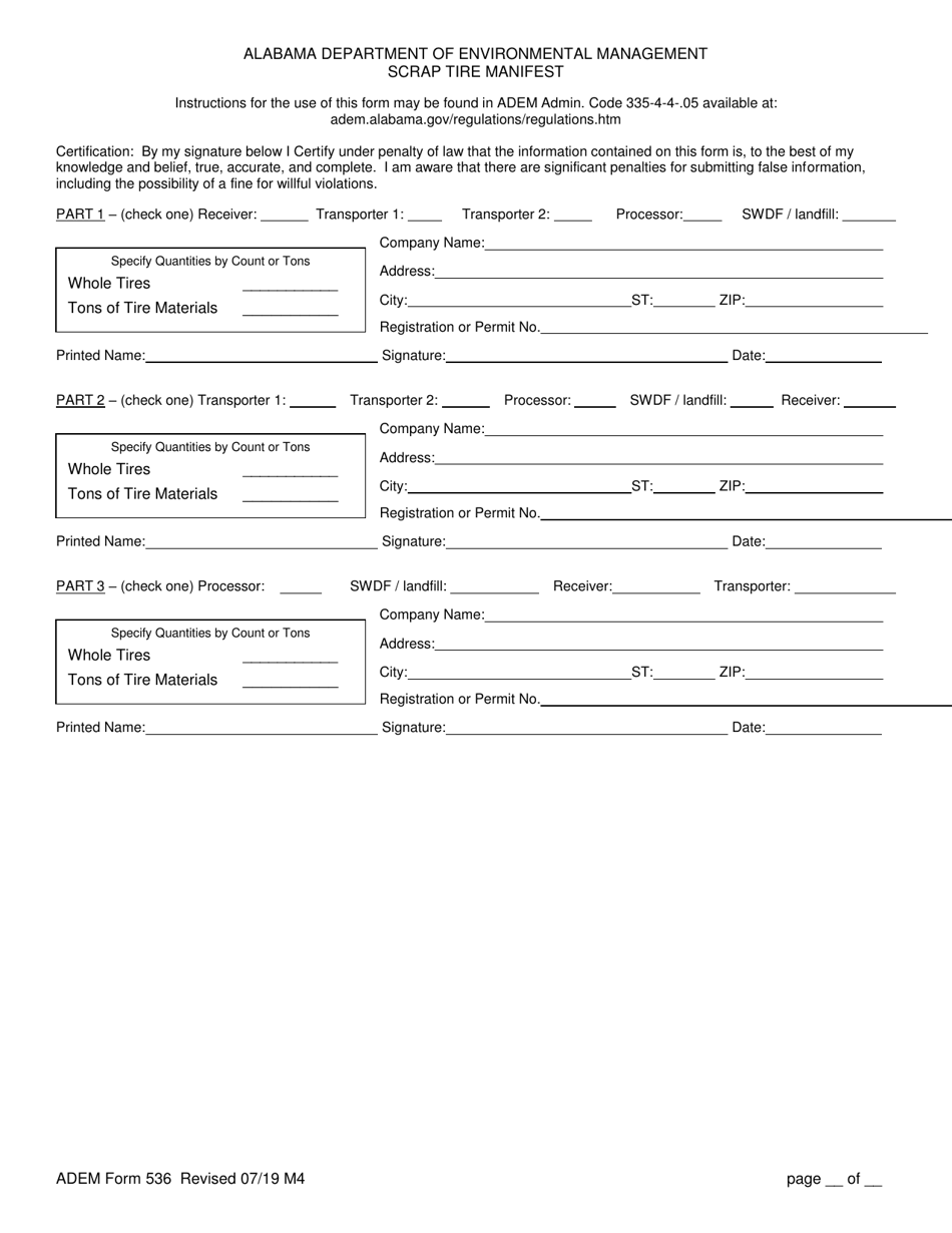 ADEM Form 536 Scrap Tire Manifest - Alabama, Page 1