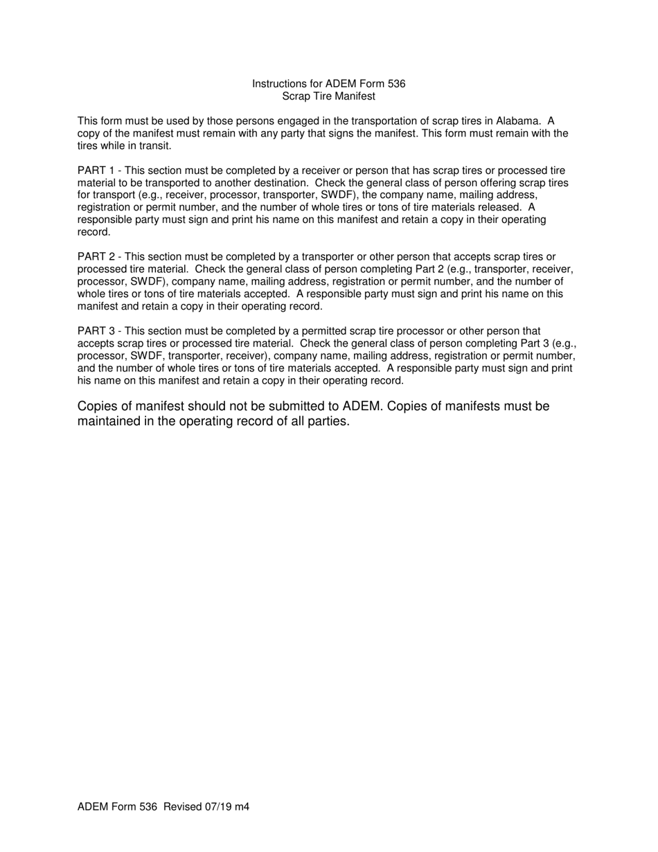 ADEM Form 536 Scrap Tire Manifest - Alabama, Page 2