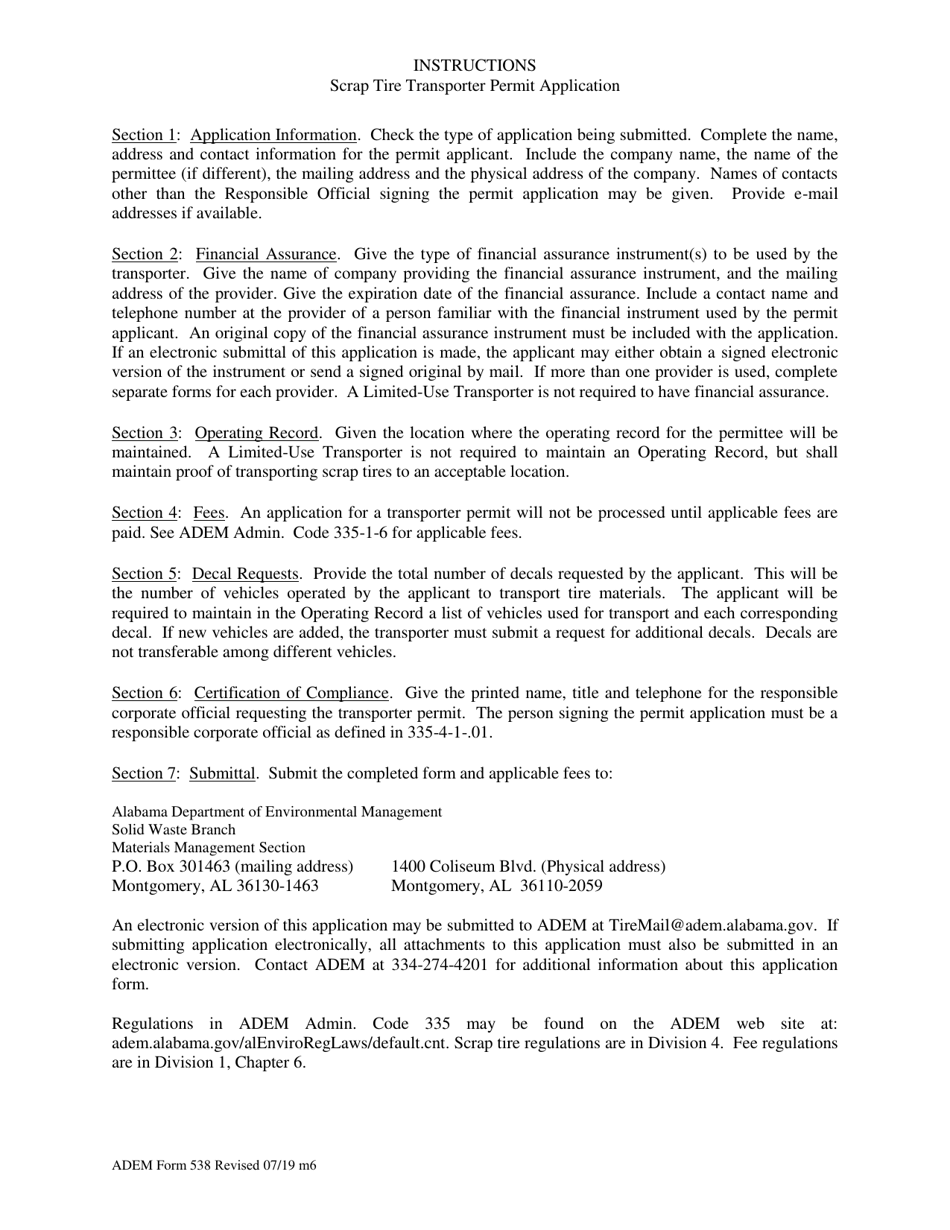 ADEM Form 538 Scrap Tire Transporter Permit Application - Alabama, Page 3