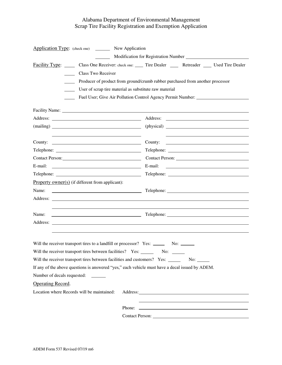 ADEM Form 537 Scrap Tire Facility Registration and Exemption Application - Alabama, Page 1