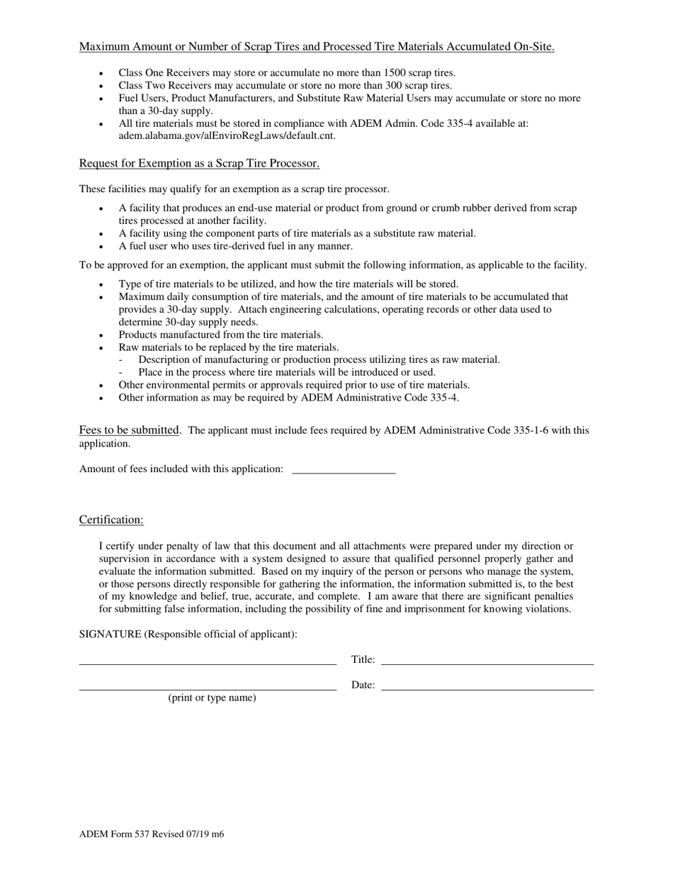 ADEM Form 537 Scrap Tire Facility Registration and Exemption Application - Alabama, Page 2