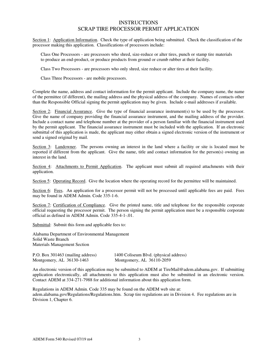 ADEM Form 540 Scrap Tire Processor Permit Application - Alabama, Page 3